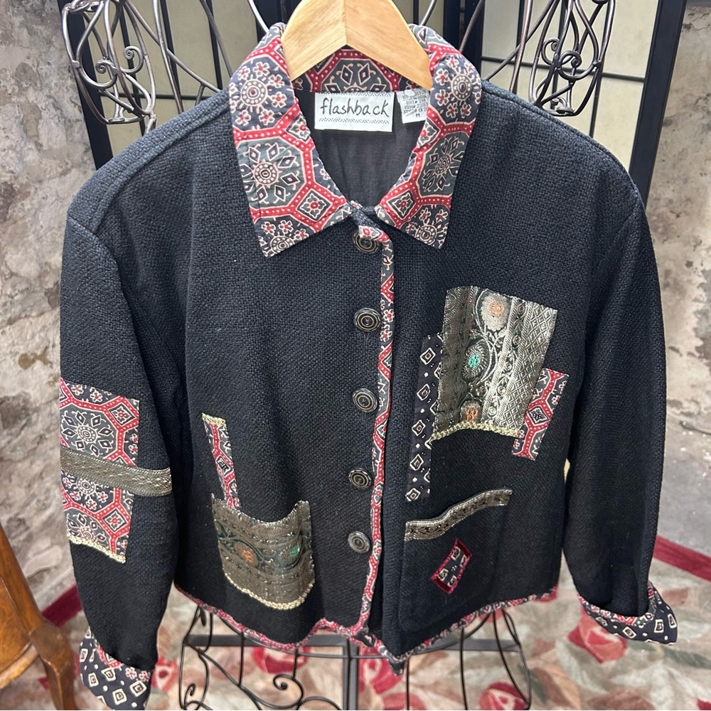 Flashback Cotton Patchwork Art Beaded Black Jacke… - image 3